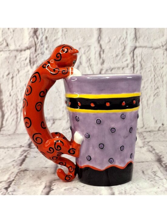 CM Redwine Other - C M Redwine Art Pottery Handle Mug Purple & Red Cat Whimsical Microwave Safe